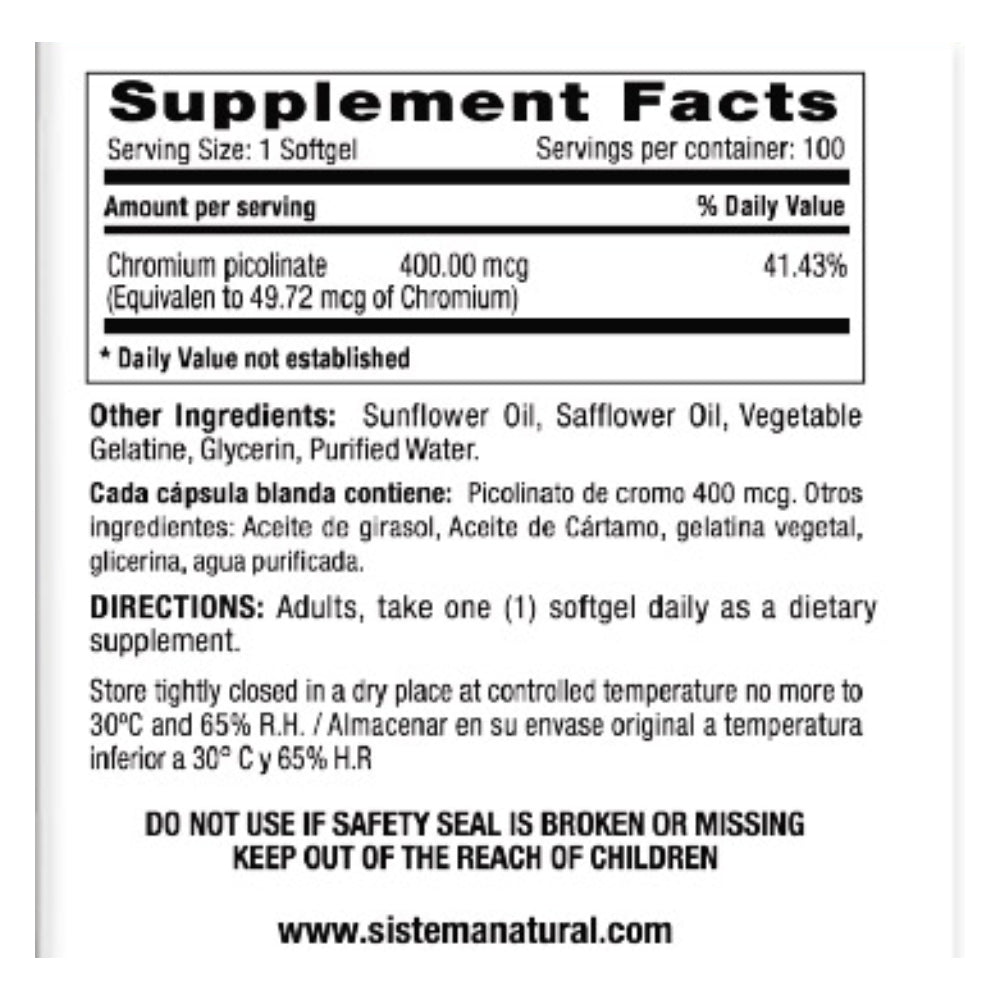 CHROMIUM PICOLINATE 400 MCG - 100 SOTGELS