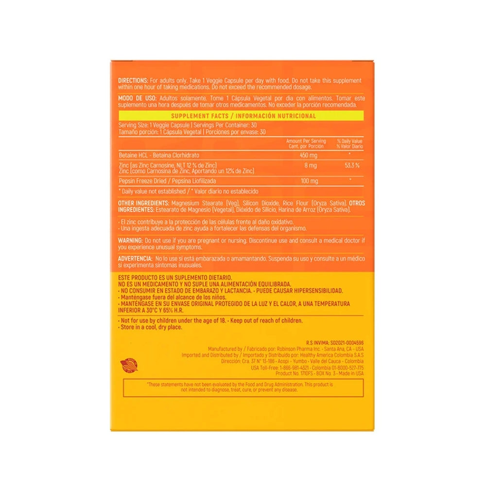 PEPTIDROL - 30 CAPSULAS - PEPSINA, ZINC, BETAINA