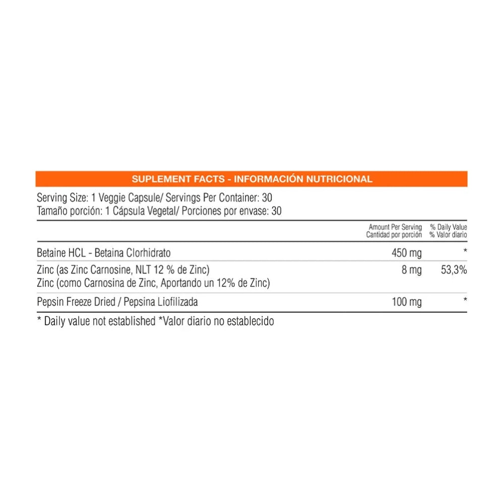 PEPTIDROL - 30 CAPSULAS - PEPSINA, ZINC, BETAINA